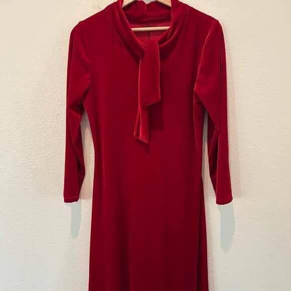 Maxi Dress Red Velvet Tie Mock Neck Long Sleeve Elegant Formal Fairy Holiday - Picture 6 of 12